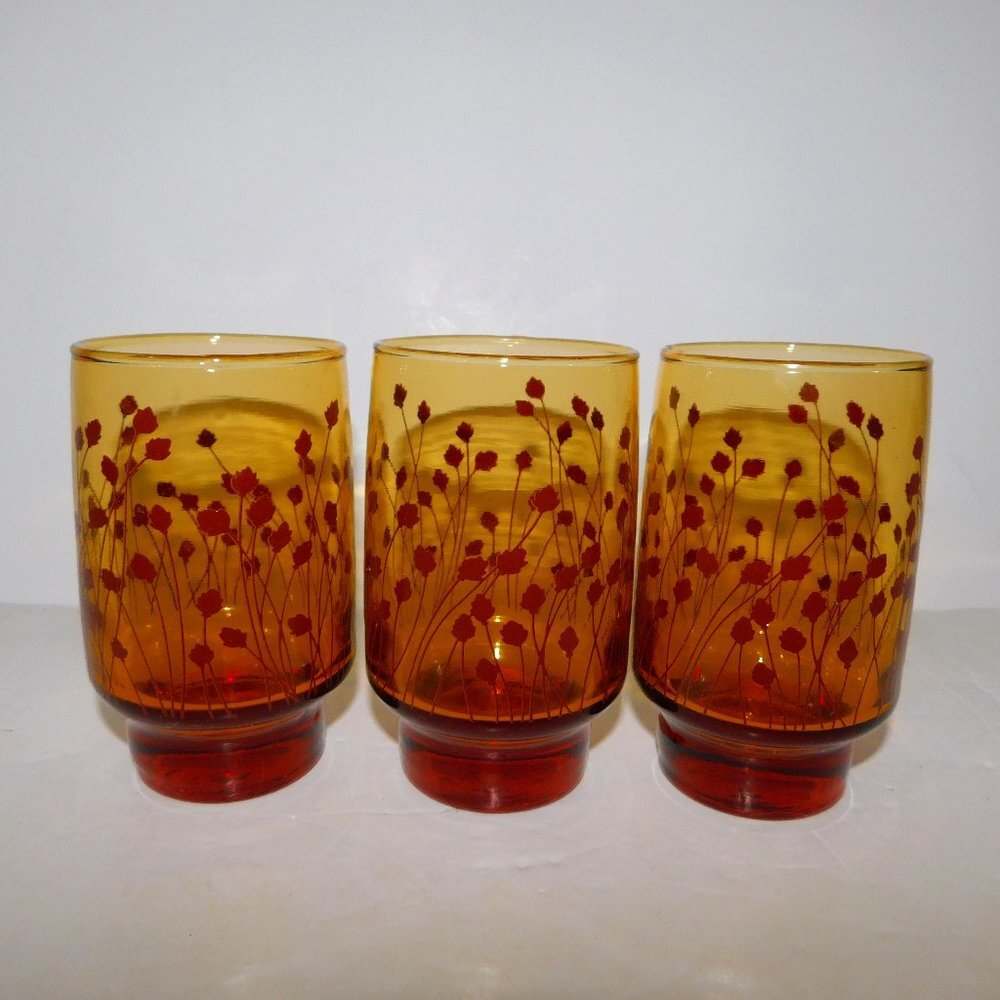 Set of 3 Vintage 70s / 80s Juice glasses Tumblers Smokey Amber Floral 4.75"